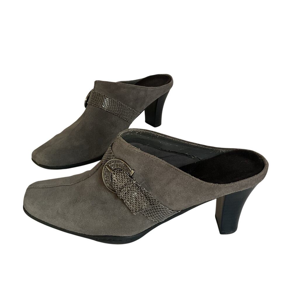 Aerosoles Women’s Size 8 Gray Suede Mule Heels Buckle Slip On Shoes